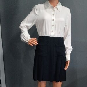 J.Crew Button Front Crepe Long Sleeve Elegant Shirt Dress Black / White Sz 4